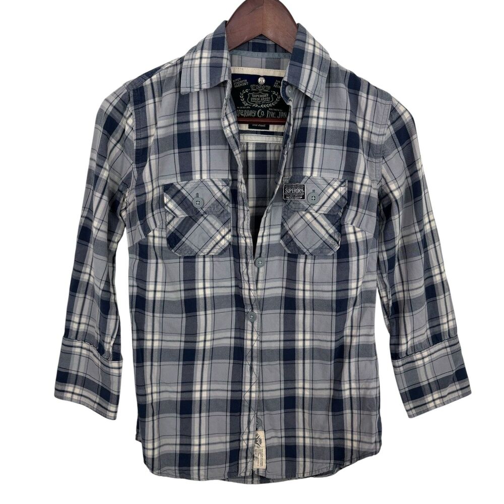 Superdry Blue White Plaid Button Down Shirt Women’s Small 3/4 Roll Tab Sleeves